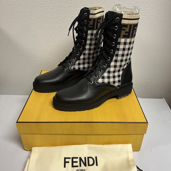 Fendi Rockoko Logo Combat Knit Domino Signature Biker Combat Boots 36/38.5 - Picture 4 of 10